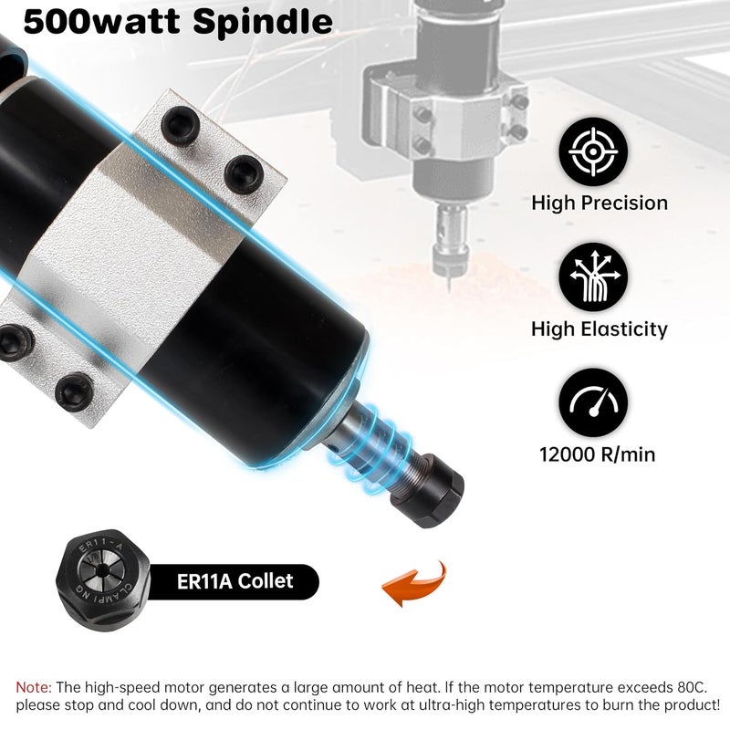 RATTMMOTOR 500W Spindle Motor CNC Air Cooled Spindle Motor ER11 12-100VDC 0.5NM 12000RPM + 52mm Spindle Motor Mount Clamp for CNC Router Milling Machine - Image 5